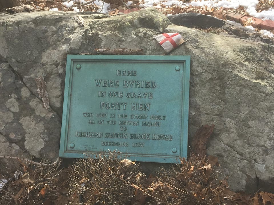 Mass grave of forty unidentified men who died in the Great Swamp Fight or on the return march in December 1675.