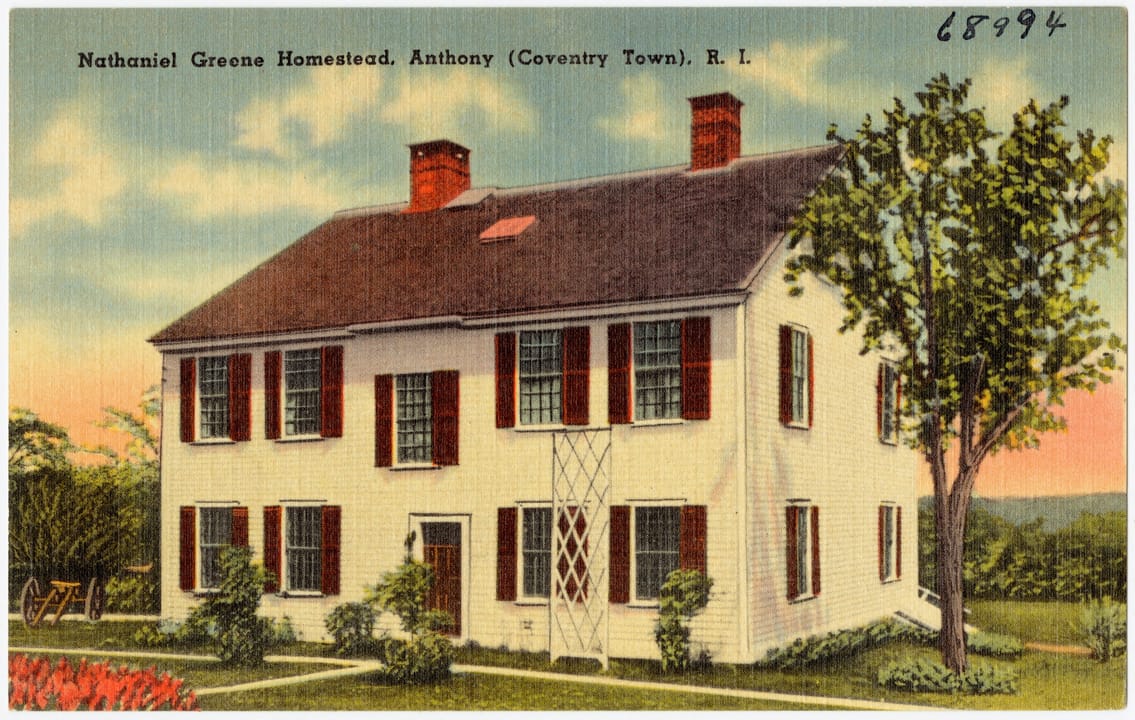 A mid-20th-century linen postcard of the Nathaniel Greene Homestead in Anthony (Coventry), Rhode Island, published by Tichnor Brothers of Boston.