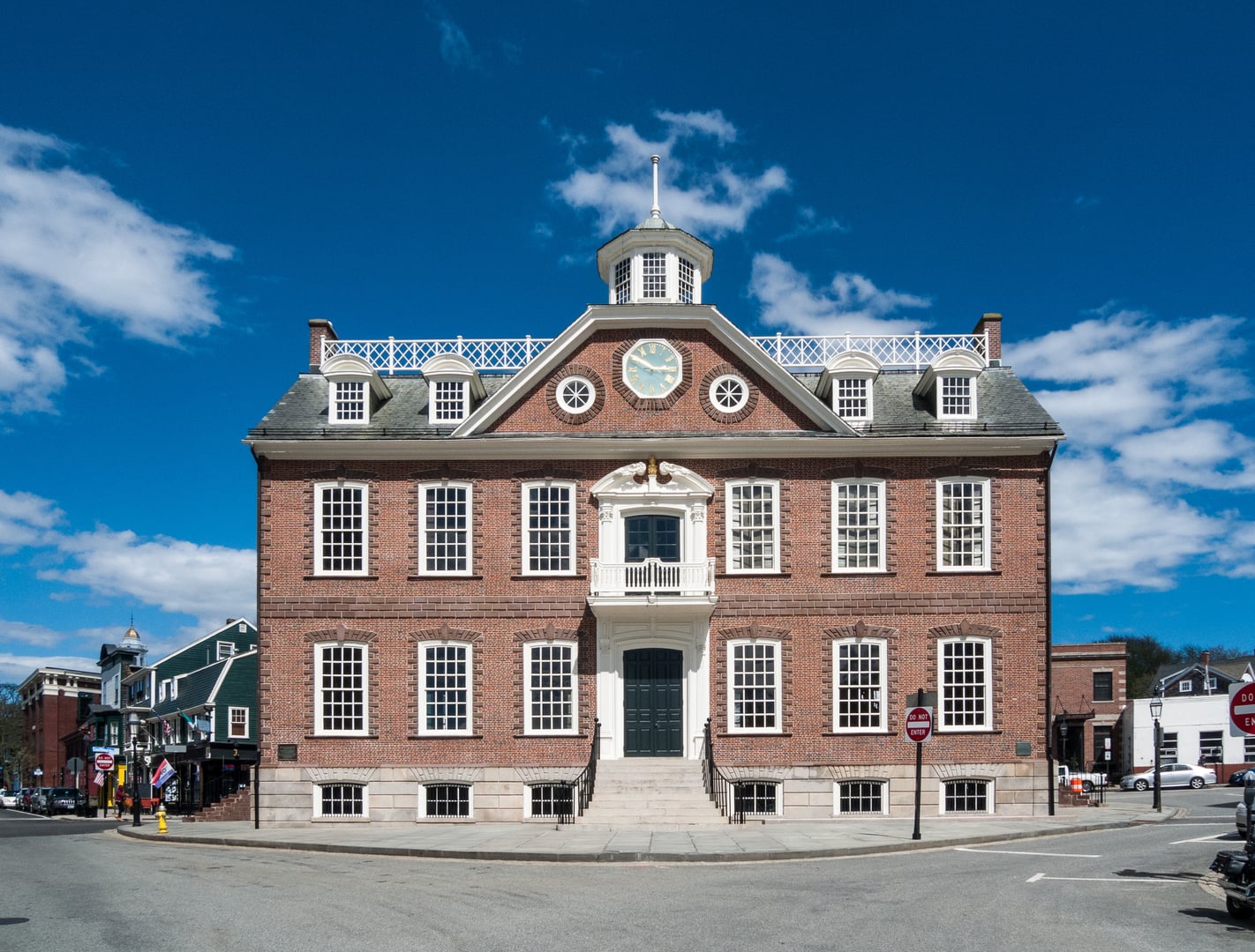 Georgian brick facade of the Old Colony House on Washington Square, Newport, Rhode Island