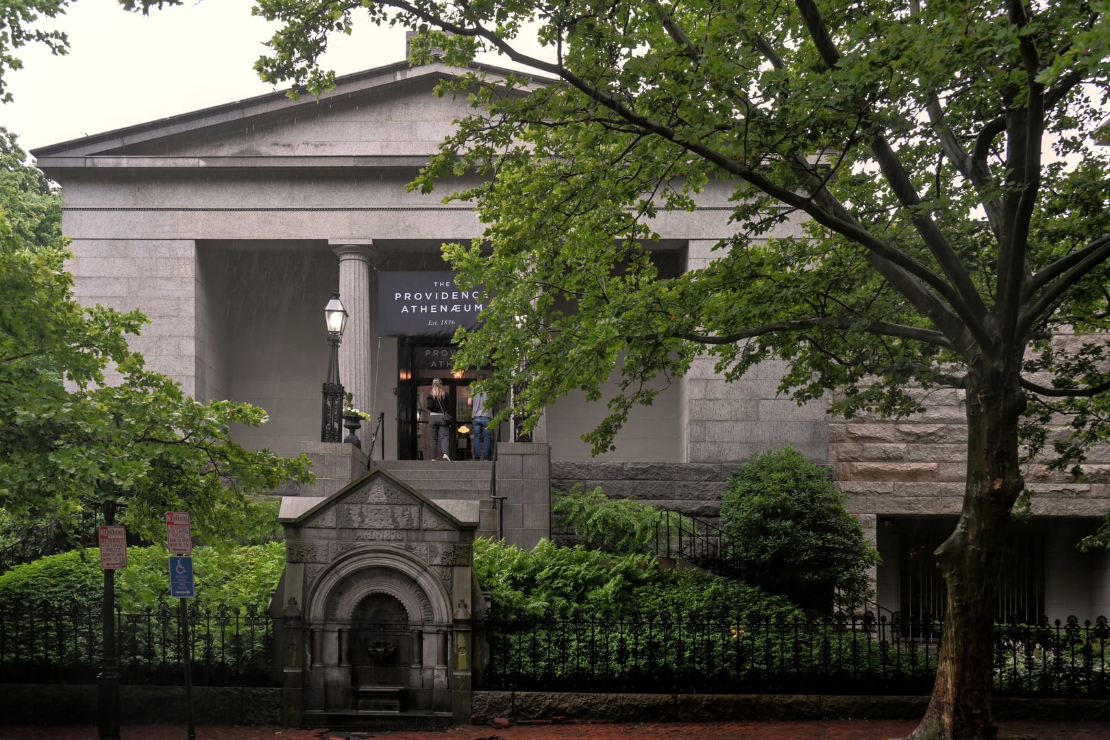 Greek Revival facade of the Providence Athenaeum, an 1838 William Strickland-designed membership library at 251 Benefit Street, Providence, Rhode Island