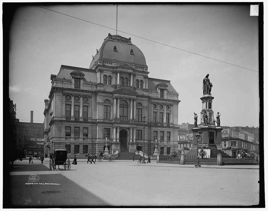 Second Empire facade of Providence City Hall at 25 Dorrance Street facing Kennedy Plaza, completed 1878 by Samuel J.F. Thayer, Providence, Rhode Island