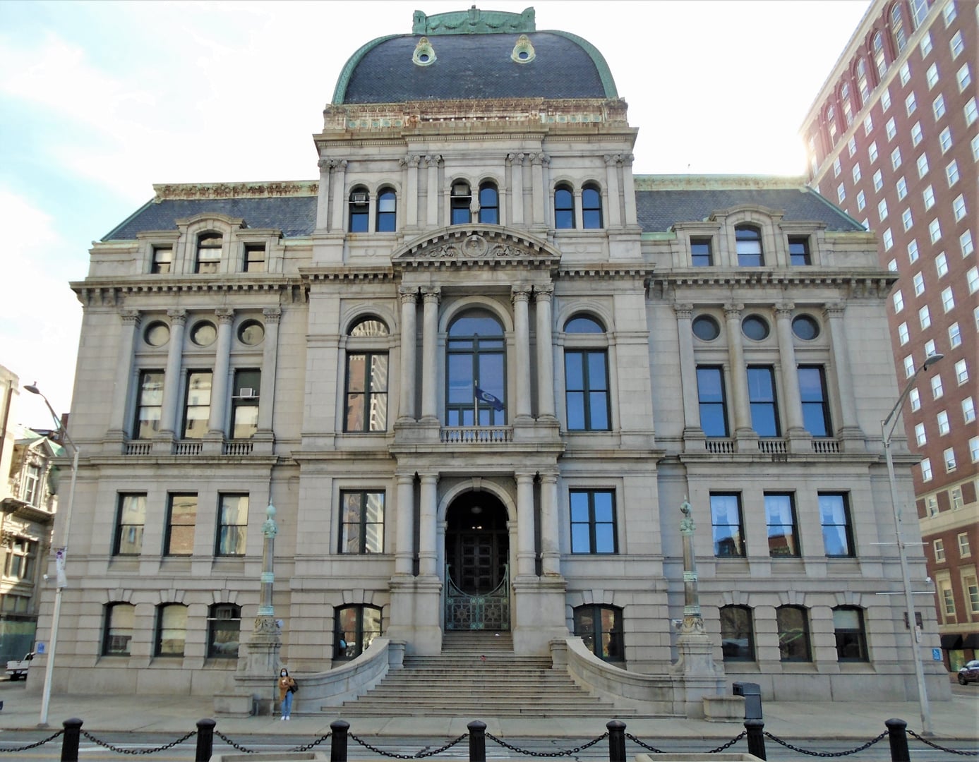 Second Empire facade of Providence City Hall at 25 Dorrance Street facing Kennedy Plaza, completed 1878 by Samuel J.F. Thayer, Providence, Rhode Island