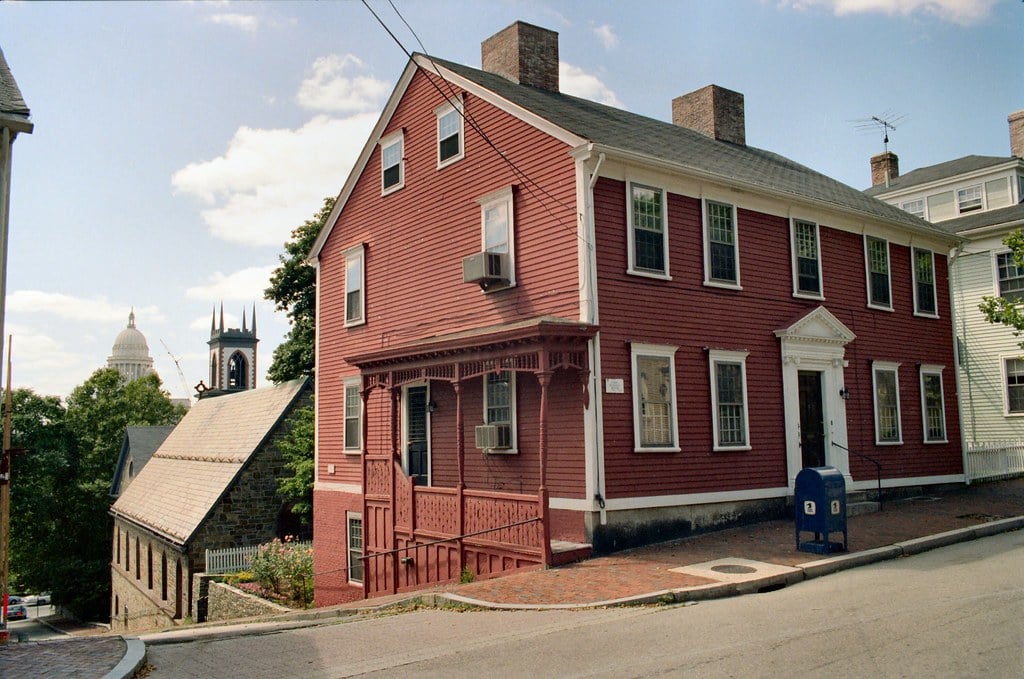 Colonial facade of the Sarah Helen Whitman House at 88 Benefit Street, Providence, Rhode Island