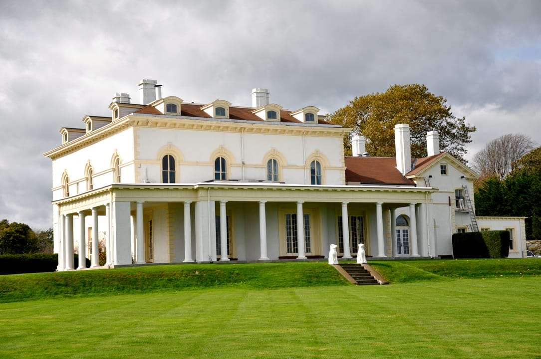 Front portico and lawn of Beechwood mansion, Newport, Rhode Island, October 2010 (during its historic-house-museum era, before the 2010 Ellison sale).