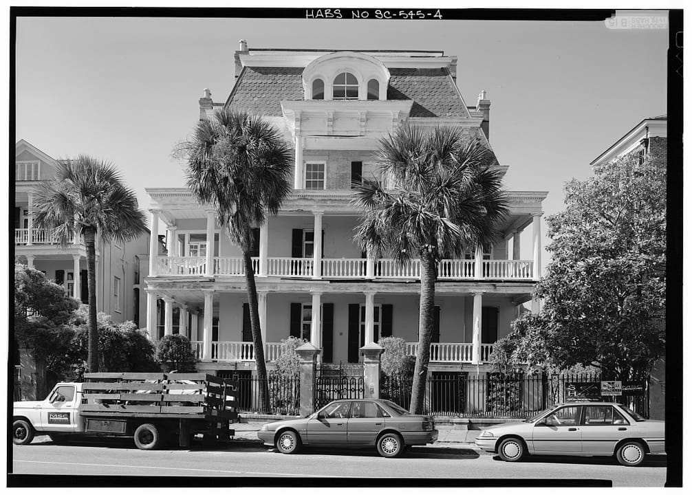 The Stevens-Lathers House at 20 South Battery in Charleston, South Carolina, with its two-tier piazza and mansard roof, seen from South Battery.