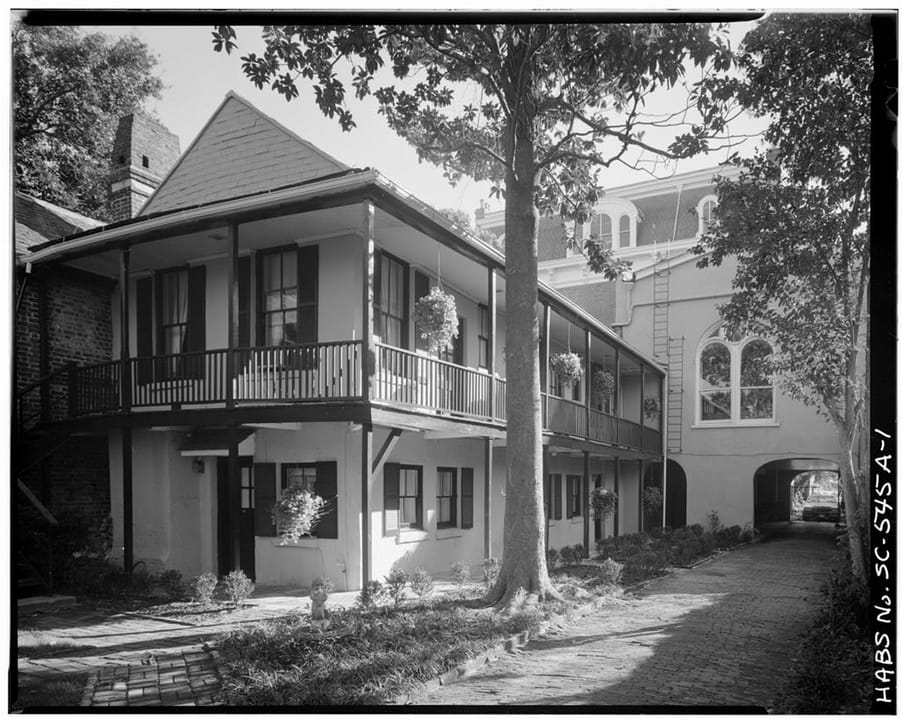 The kitchen dependency building behind the Stevens-Lathers House (20 South Battery / Battery Carriage House Inn), Charleston, South Carolina -- a surviving outbuilding on the same property.