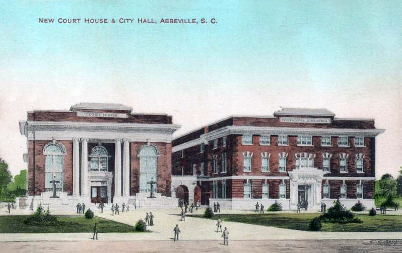 Colour postcard, 'New Court House & City Hall, Abbeville, S. C.', about 1908: the Abbeville County Court House at left and the new Municipal Building, home of the Opera House, at right on Court Square.