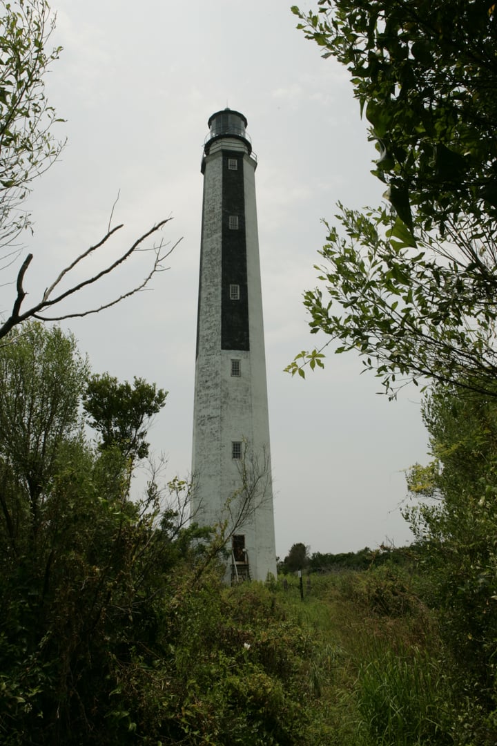 Cape Romain 1857 octagonal black-and-white brick lighthouse rising over marshland in Charleston County, South Carolina