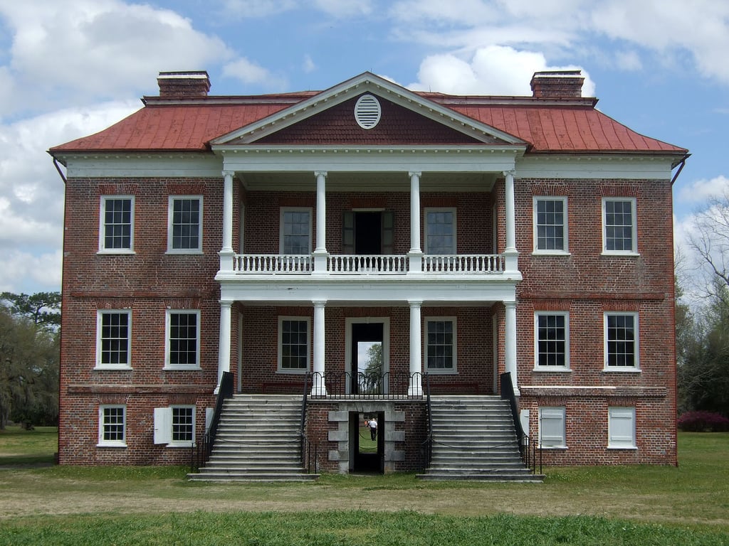 Front facade of Drayton Hall, the 1738 Georgian-Palladian plantation house preserved as a ruin near Charleston, South Carolina
