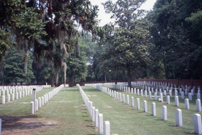 Florence National Cemetery entrance, South Carolina — the 1865 federal cemetery established on land adjacent to the Confederate Florence Stockade, where approximately 2,300 Union POWs are buried.