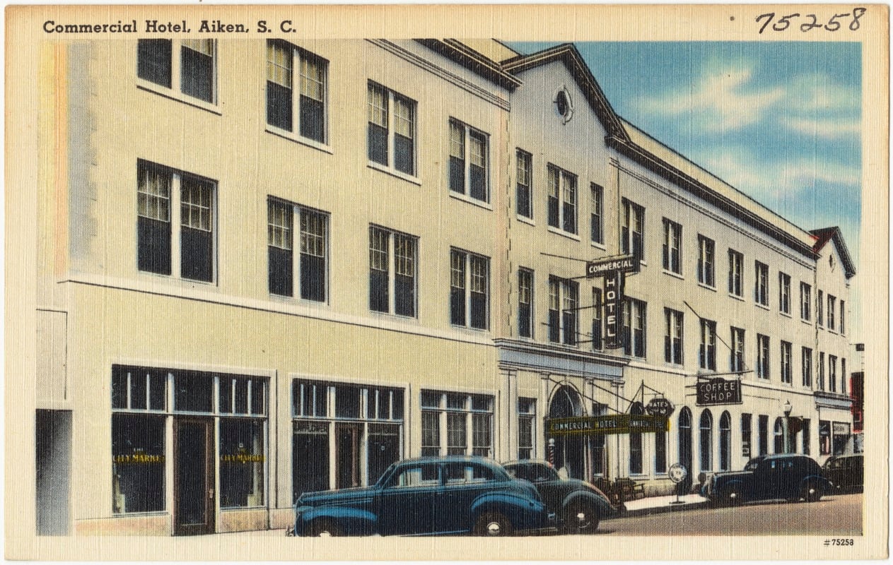 Historic postcard view of the Commercial Hotel (later Holley House / Hotel Aiken) in Aiken, South Carolina, circa 1930-1945