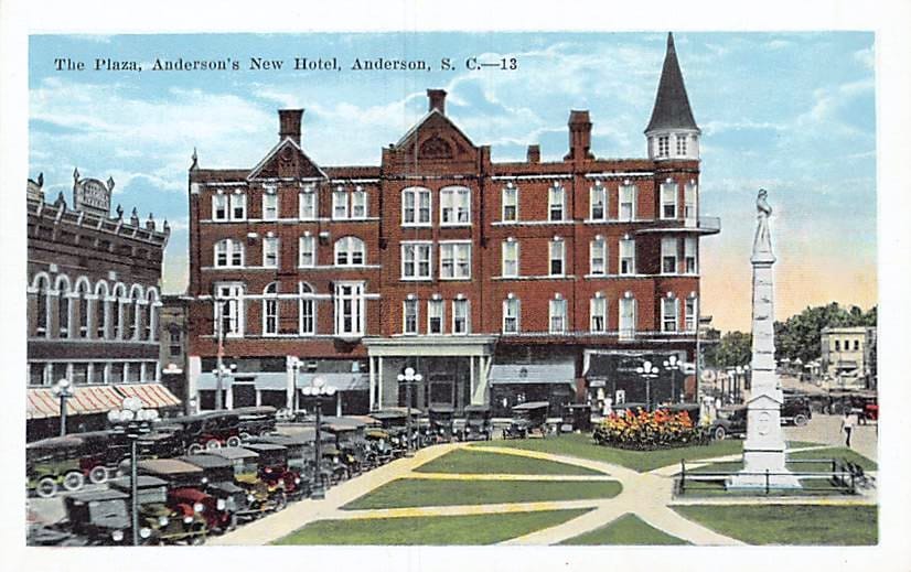 Hotel Chiquola seen head-on across the Plaza in Anderson, South Carolina, captioned on the card as "Anderson's new hotel," circa 1925.