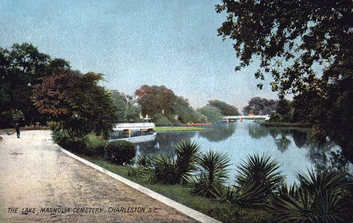 A period postcard of the lake at Magnolia Cemetery, Charleston, South Carolina, 1909.
