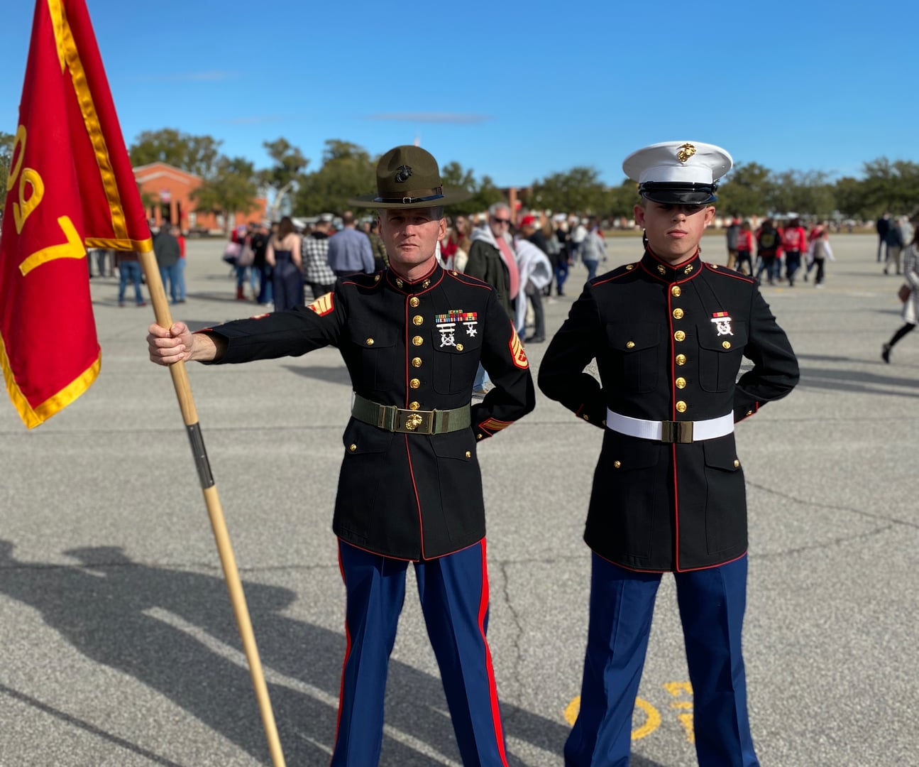 A new Marine stands with his Drill Instructor on graduation day at Parris Island. Charlie Company, Platoon 1097, December 6th, 2019.