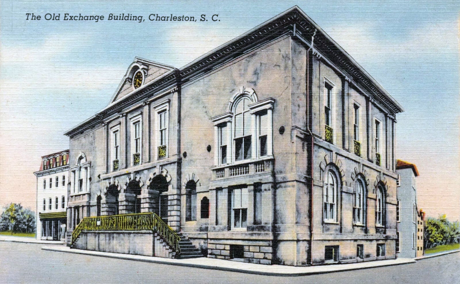The Late Georgian facade of the 1771 Old Exchange Building at the foot of Broad Street, Charleston, South Carolina