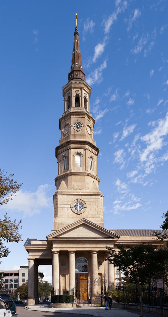 St. Philip's Episcopal Church's Greek Revival exterior and steeple on Church Street in Charleston, South Carolina