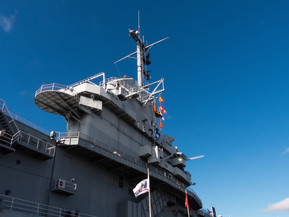 The island (superstructure) of USS Yorktown (CV-10) against a clear sky, Patriots Point, Mount Pleasant, South Carolina.