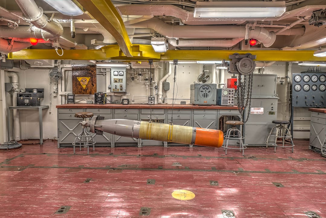 The Mark-44 torpedo workshop below deck on USS Yorktown (CV-10), part of the museum tour, Patriots Point, South Carolina.