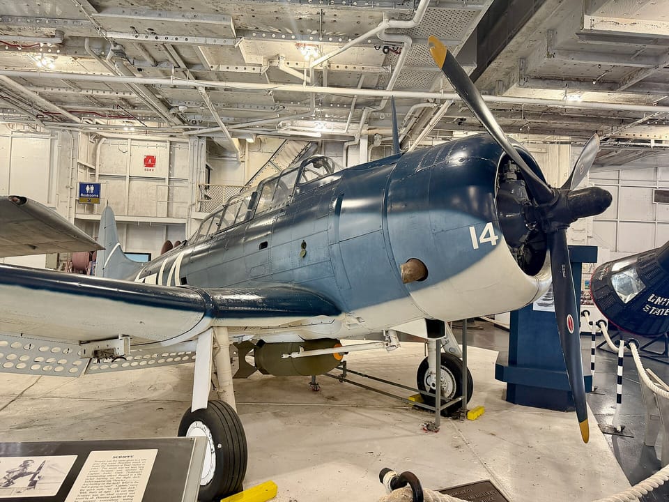 A Douglas SBD-5 Dauntless dive bomber on display in the hangar deck of USS Yorktown (CV-10), Patriots Point, South Carolina.