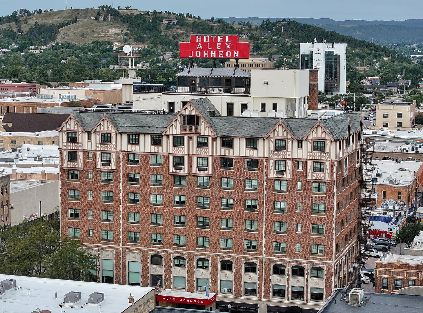 Aerial exterior view of the Hotel Alex Johnson, the 1928 Art Deco brick landmark in downtown Rapid City, South Dakota