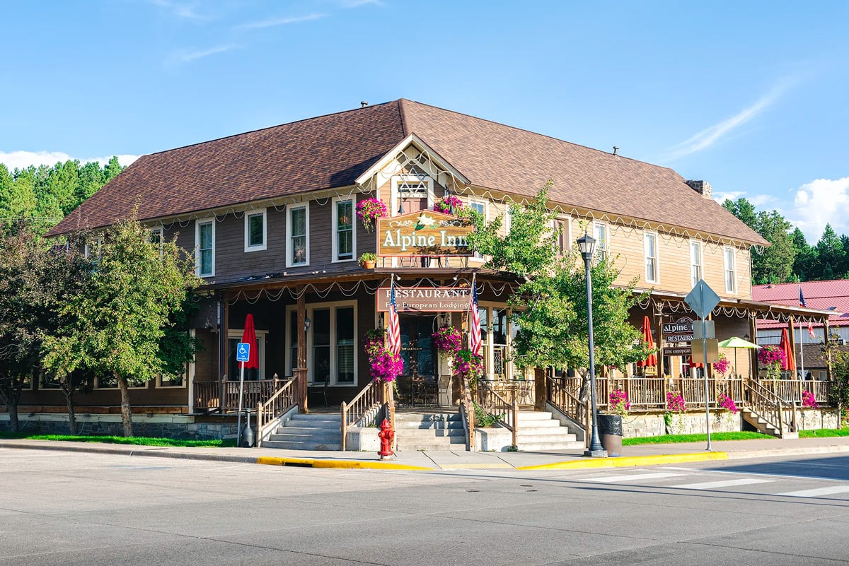Exterior of the Alpine Inn, an 1886 Black Hills landmark restaurant on Main Street in Hill City, South Dakota.