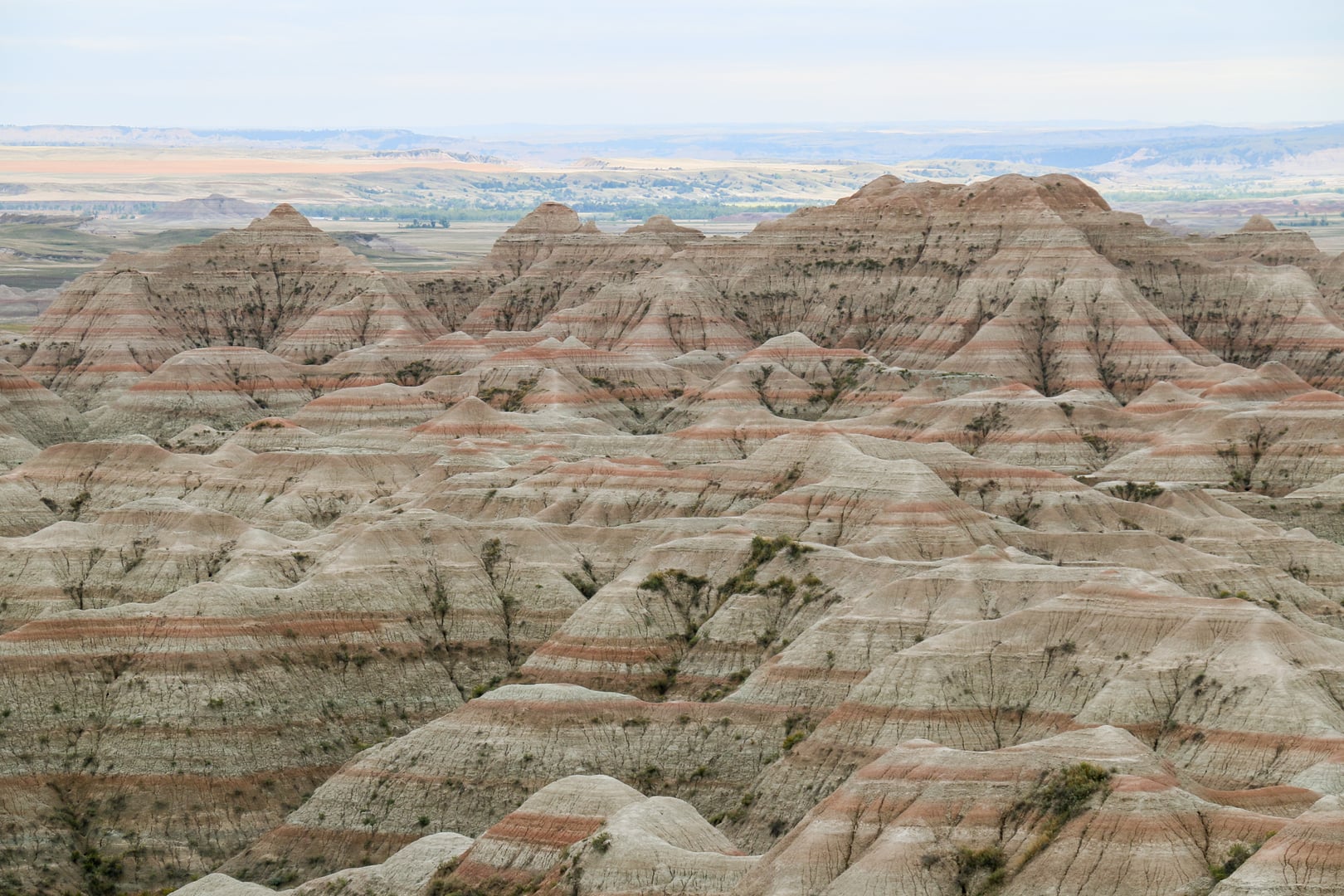 Eroded buttes and prairie landscape at Badlands National Park in southwestern South Dakota