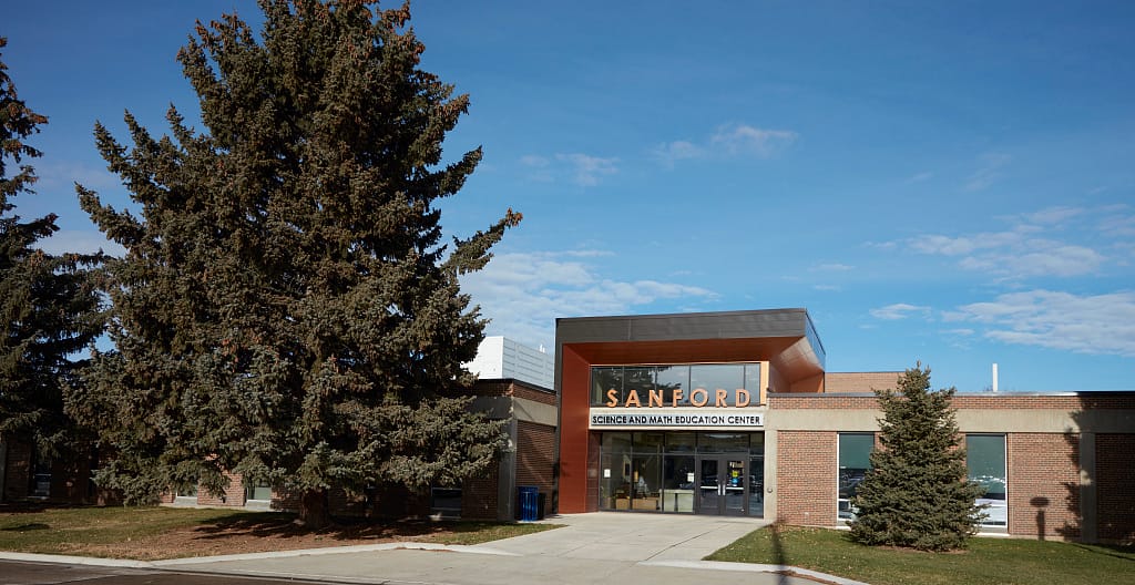 Clare and Josef Meier Hall and the David B. Miller Yellow Jacket Student Union on the Black Hills State University campus in Spearfish, South Dakota.