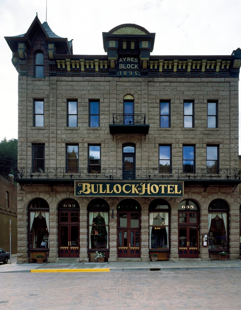 Historic Bullock Hotel brick facade on Main Street in Deadwood South Dakota
