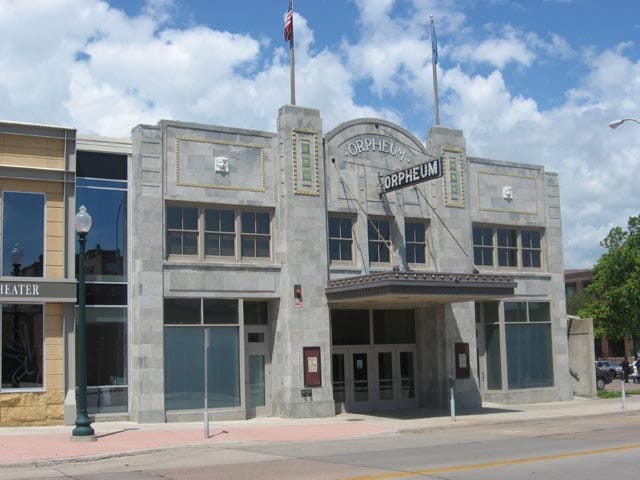 The Orpheum Theatre's Main Avenue street-level facade in downtown Sioux Falls, South Dakota, daytime, July 2009.