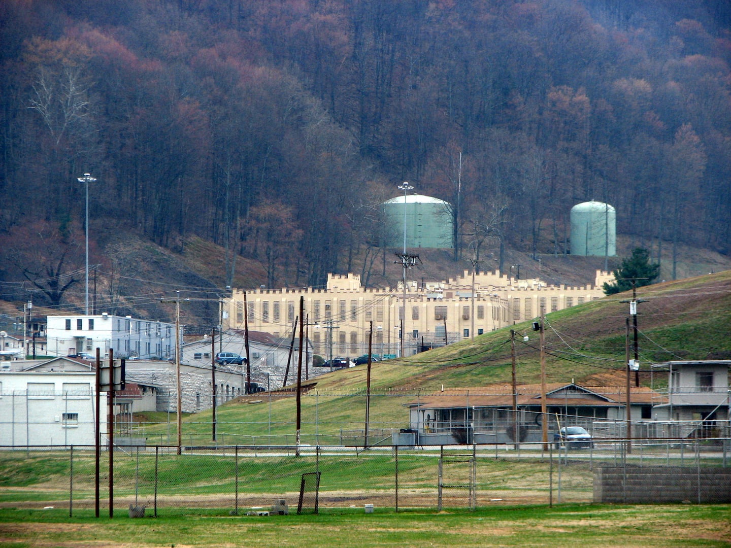Brushy Mountain State Penitentiary stone walls and guard tower in Petros Tennessee