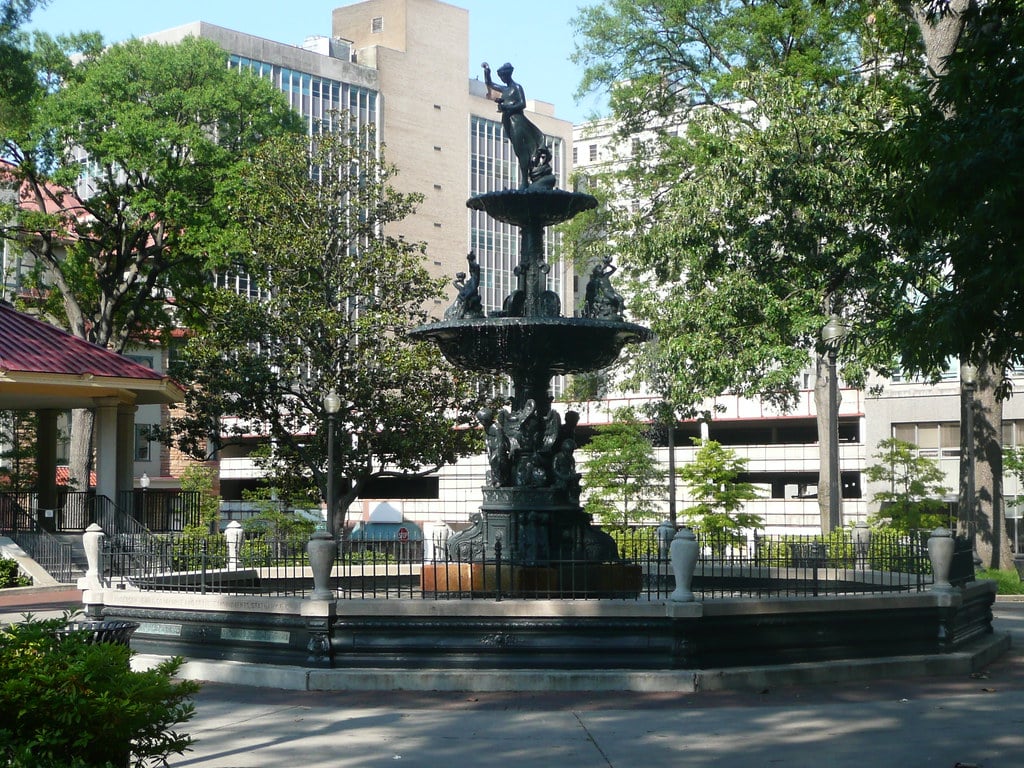 The 1876 Hebe Fountain at Court Square, Memphis — bronze statue of Hebe atop the octagonal basin
