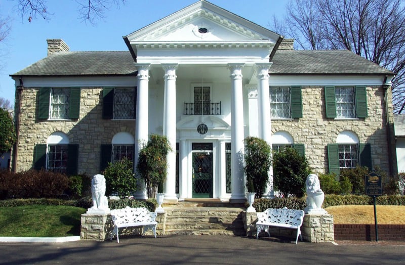 Front facade of Graceland, Elvis Presley's Colonial Revival mansion at 3764 Elvis Presley Boulevard in Memphis, Tennessee