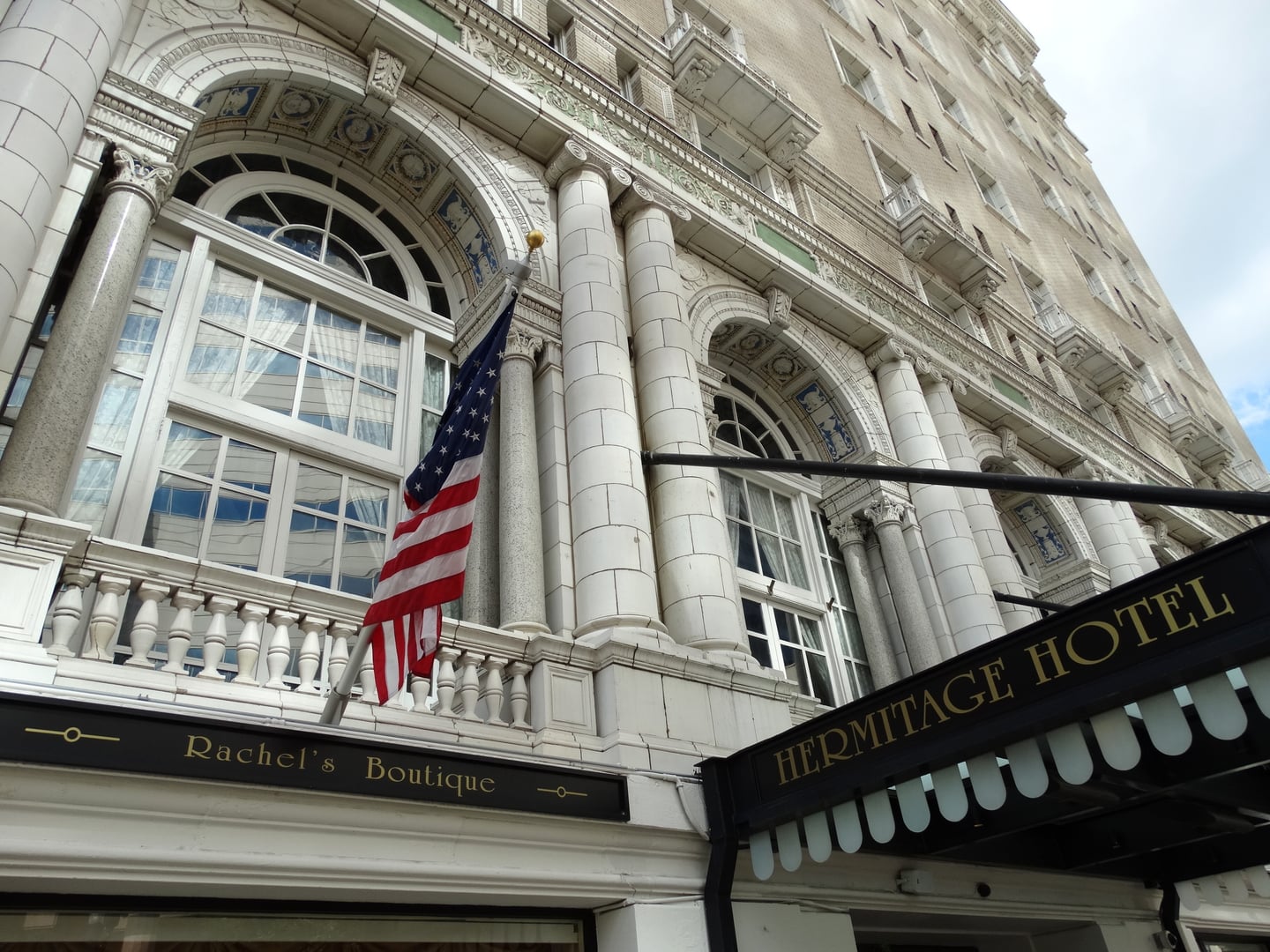 Beaux-Arts limestone facade of the Hermitage Hotel in downtown Nashville