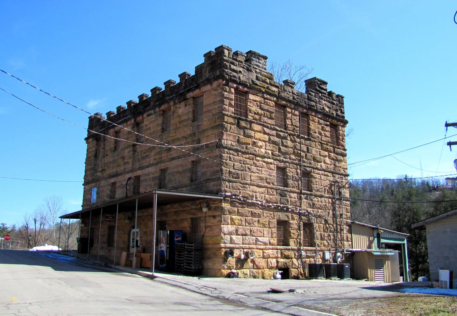 The NRHP-listed Old Scott County Jail, a stone fortress-like building in Huntsville, Tennessee