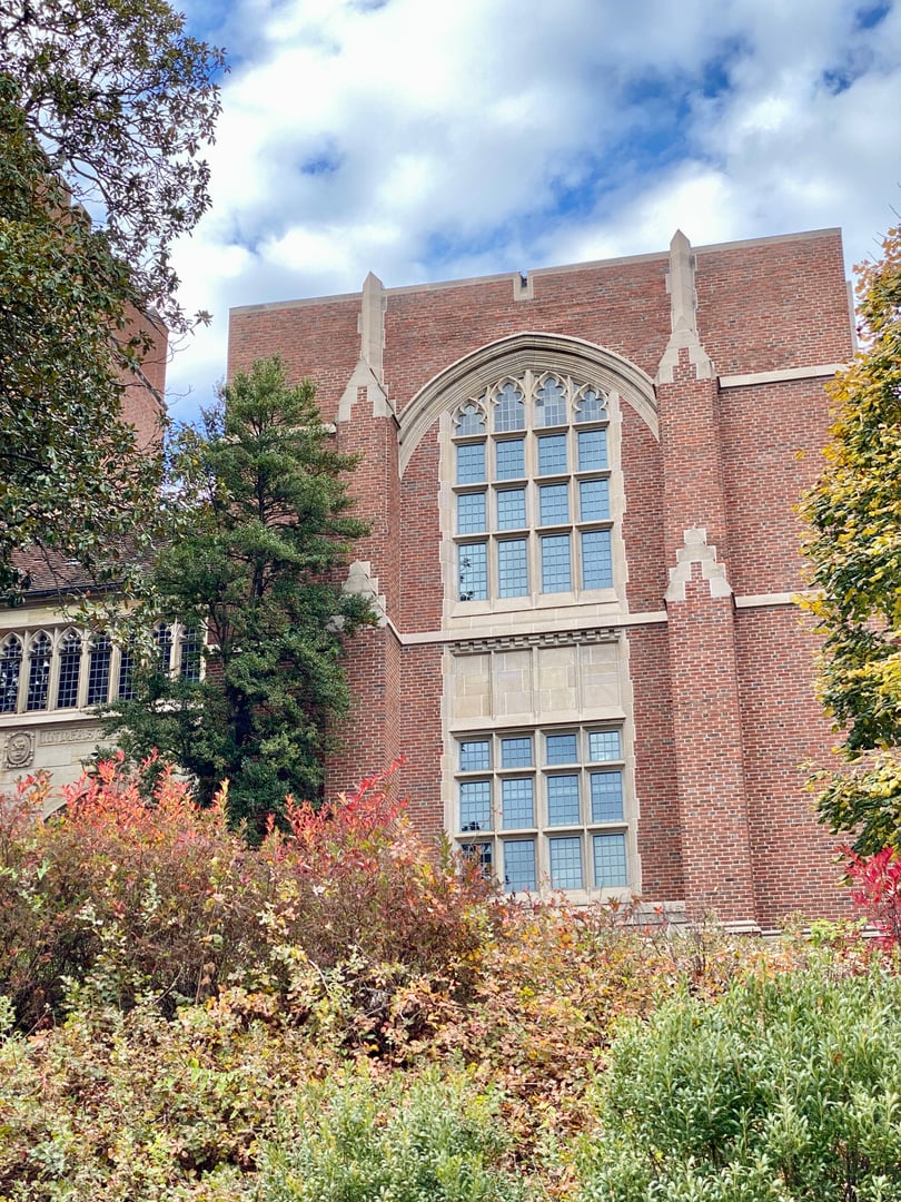 Stone Gothic Revival facade of James D. Hoskins Library on UT Knoxville's historic Hill, photographed 2022.