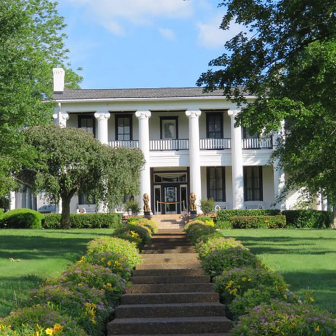 The 1870s white-columned plantation mansion at Loretta Lynn Ranch in Hurricane Mills, Tennessee, part of the NRHP-listed Hurricane Mills Rural Historic District