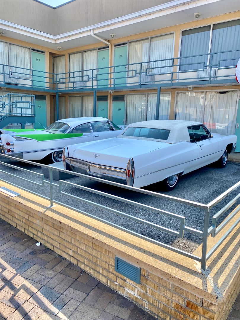 Exterior of the Lorraine Motel and National Civil Rights Museum in Memphis, Tennessee, showing the preserved balcony outside Room 306
