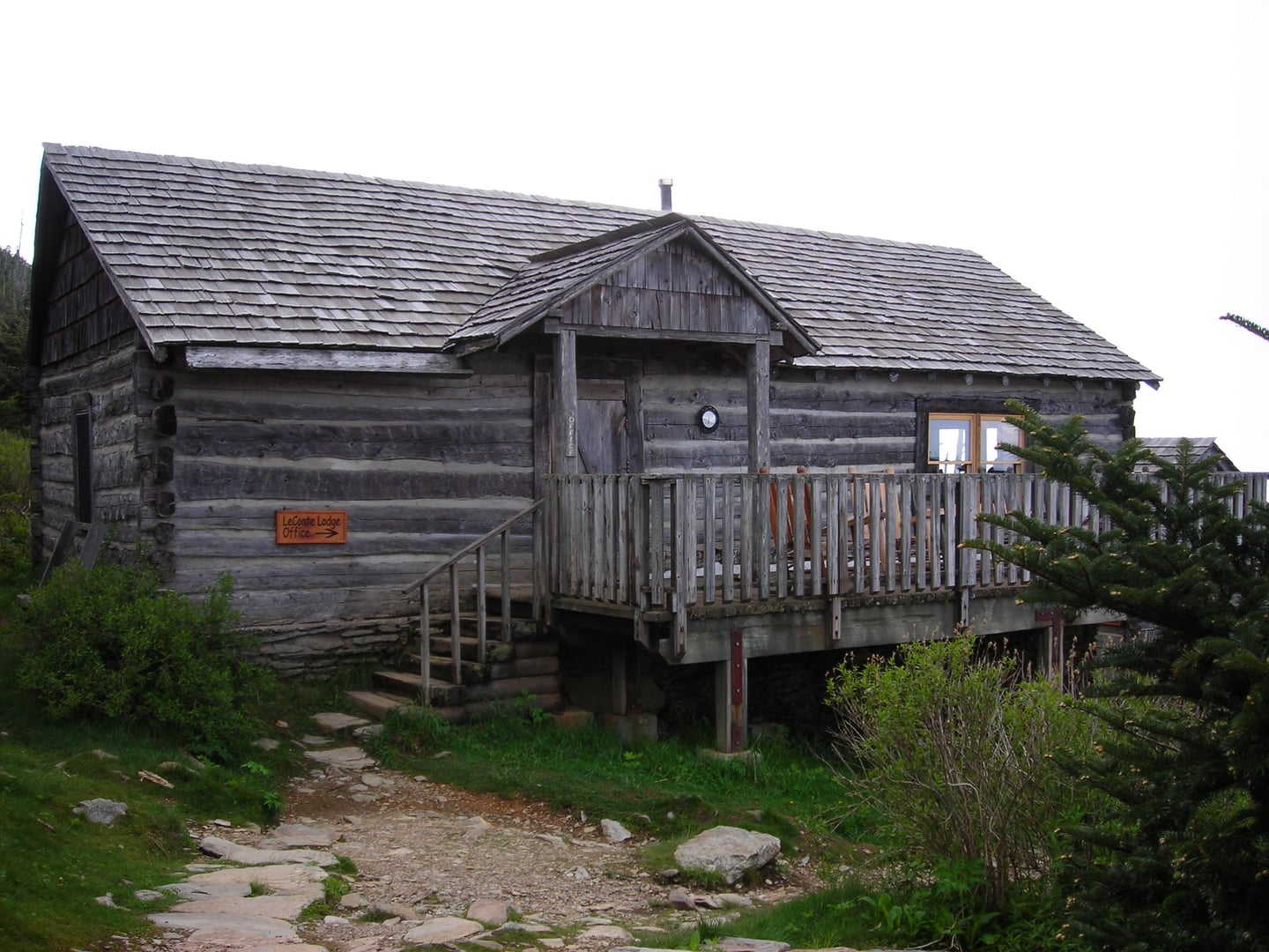 The rustic LeConte Lodge office cabin atop Mount LeConte in Great Smoky Mountains National Park, Tennessee