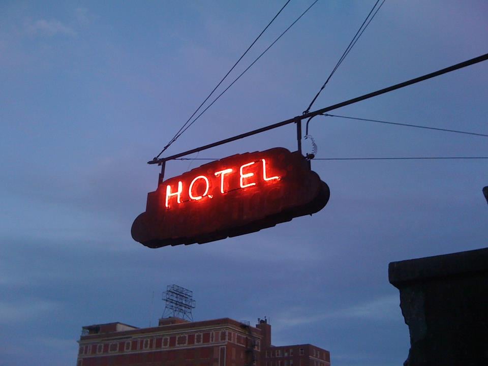 Historic Hotel Pontotoc neon sign on the 1906 three-story brick building in the South Main Arts District of Memphis, Tennessee