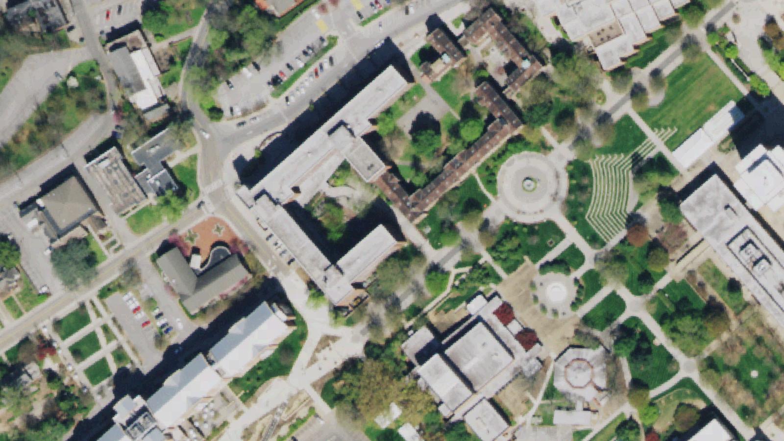 Aerial survey view of Sophronia Strong Hall