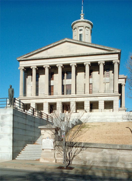 Tennessee State Capitol Greek Revival building designed by William Strickland on its hilltop perch in downtown Nashville