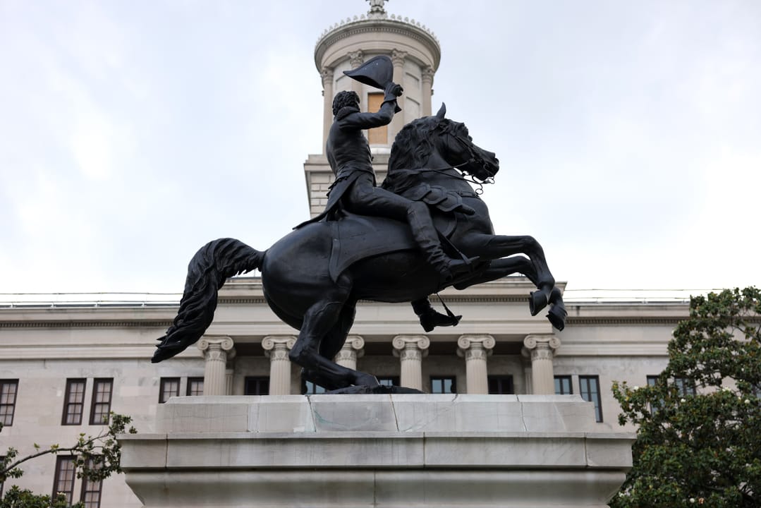 The Andrew Jackson Equestrian Statue on the Tennessee State Capitol grounds, with the capitol building behind it.