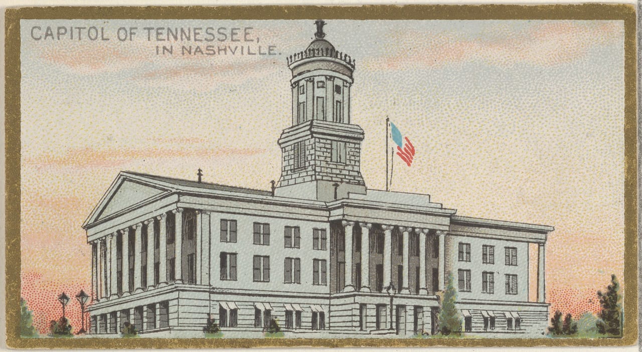 An 1889 trade-card print of the Tennessee State Capitol, issued in Allen & Ginter's General Government and State Capitol Buildings cigarette-card series.