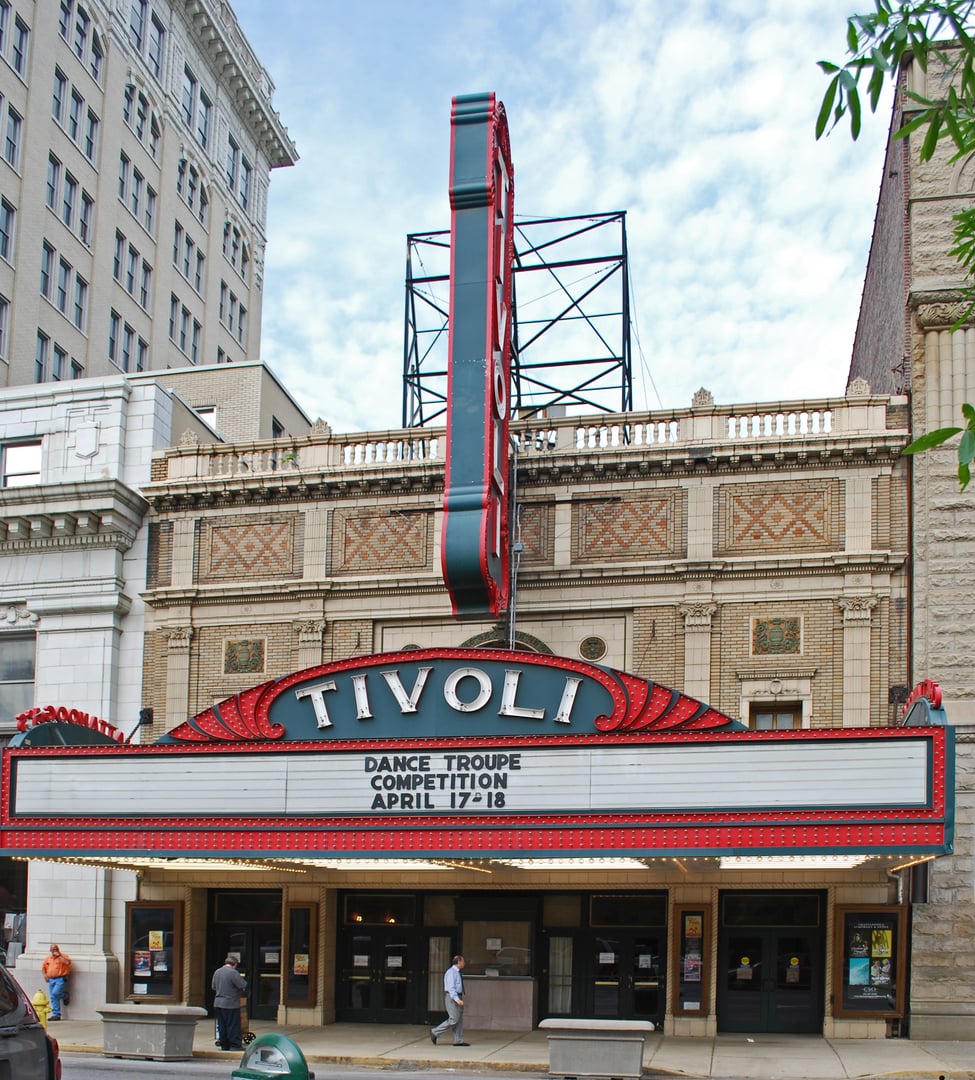 Marquee and Beaux-Arts facade of the Tivoli Theatre on Broad Street in Chattanooga, Tennessee