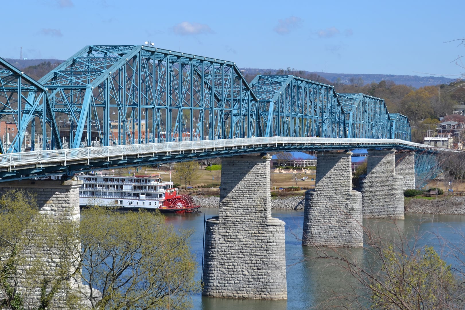 Walnut Street Bridge spanning the Tennessee River in Chattanooga, restored 1890 wrought-iron pedestrian bridge