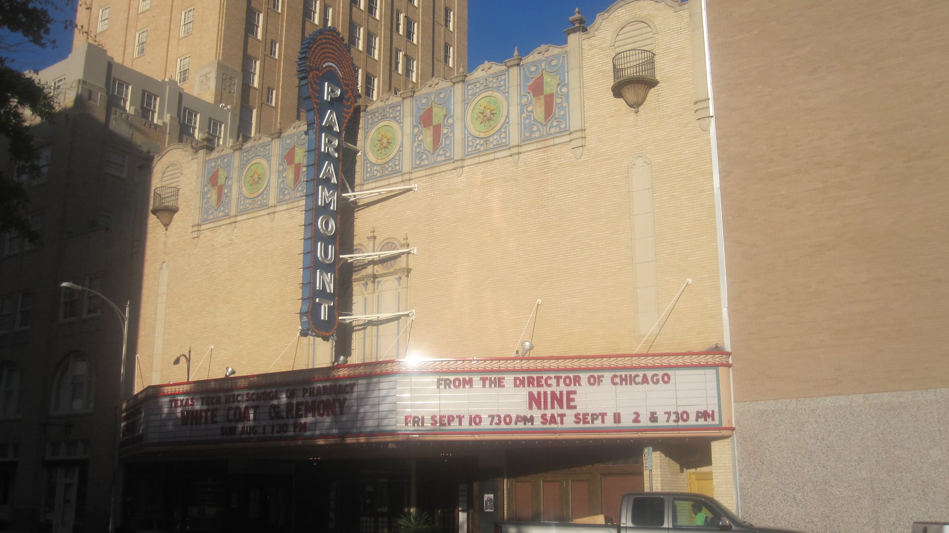 Exterior facade of the Paramount Theatre at 352 Cypress Street in downtown Abilene, Texas