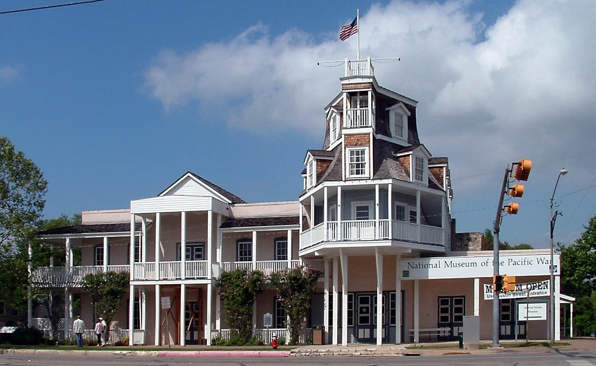 Historic Nimitz Hotel facade housing the Admiral Nimitz Museum, part of the National Museum of the Pacific War in Fredericksburg, Texas