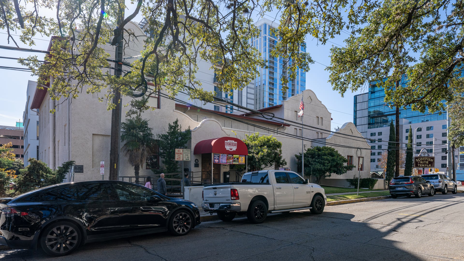 Brick facade of the 1871 Austin Scottish Rite Theater at 18th and Lavaca, near the Texas Capitol