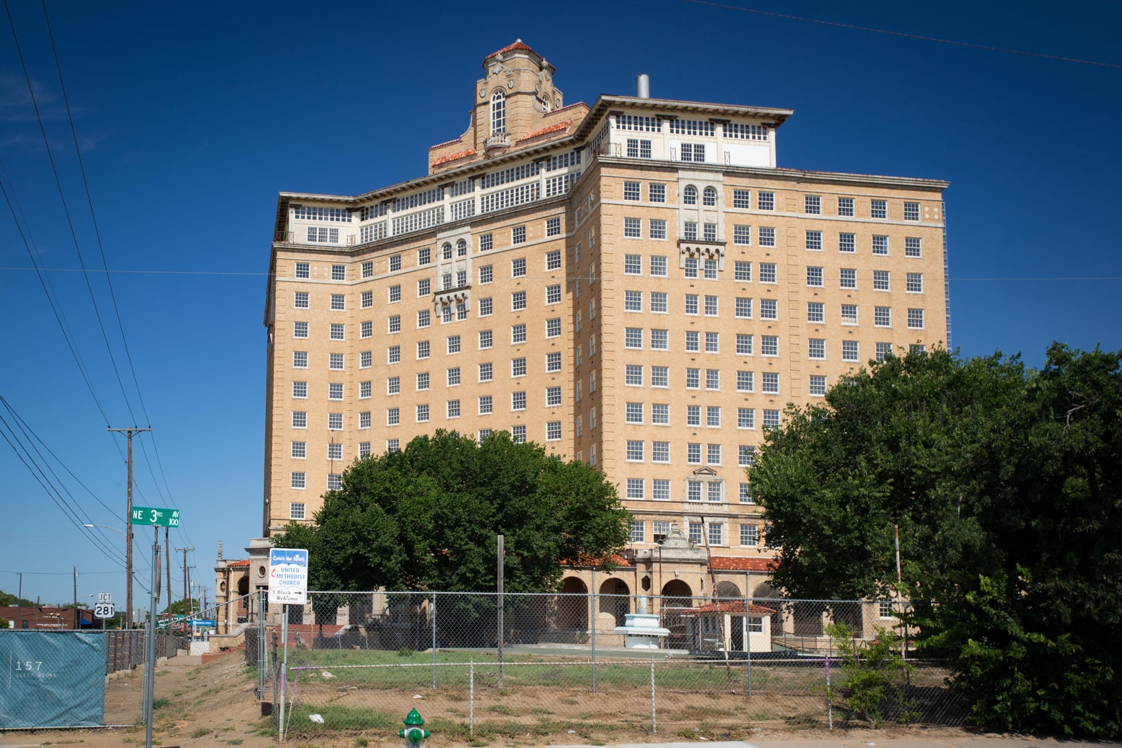 The 14-story Spanish Colonial Revival Baker Hotel rising over downtown Mineral Wells, Texas, photographed in 2023