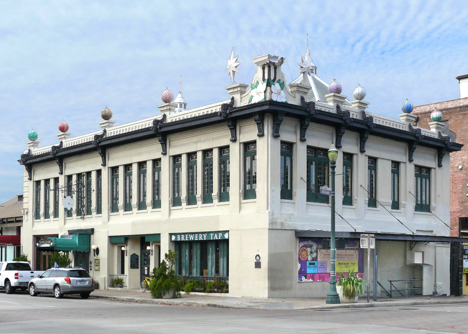 Historic Magnolia Brewery Building (now The Brewery Tap pub) along Buffalo Bayou in downtown Houston, Texas